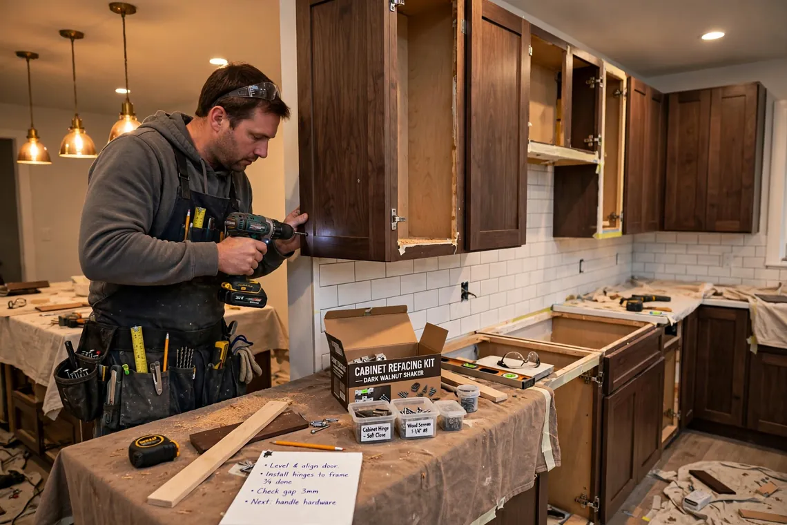 Cabinet refacing Dallas kitchen with new doors, veneer, and updated hardware