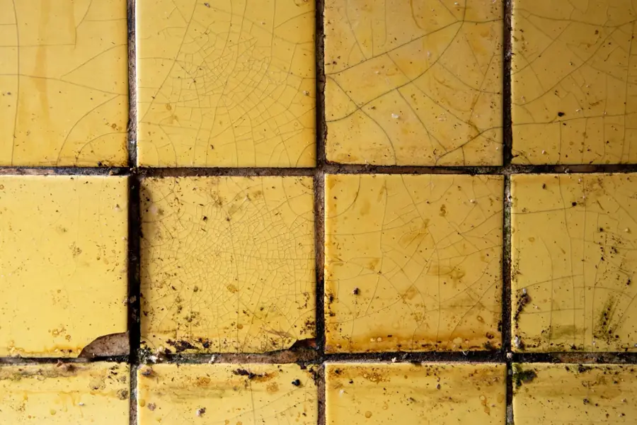 Dated yellowed tile kitchen backsplash with stained grout before upgrade