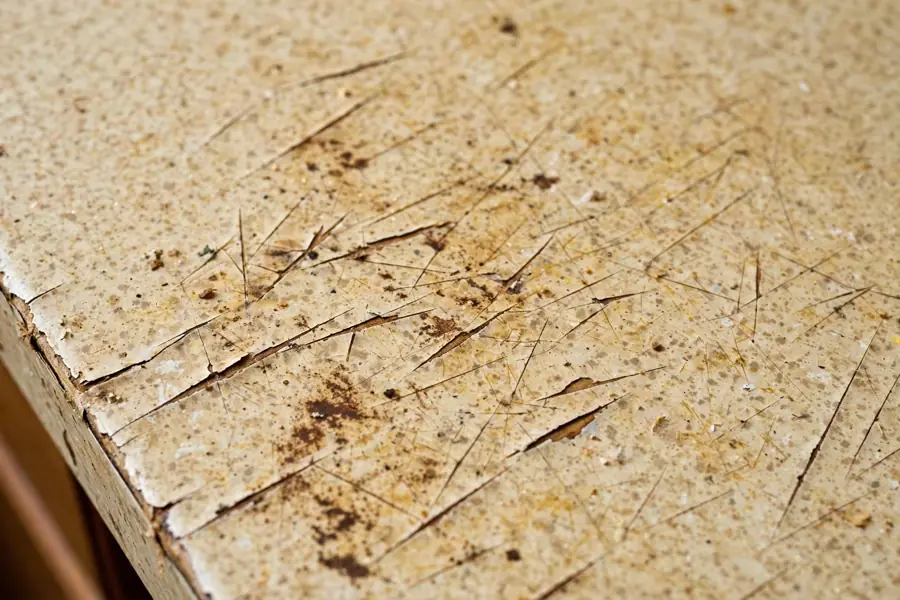 Stained worn laminate kitchen countertop before replacement