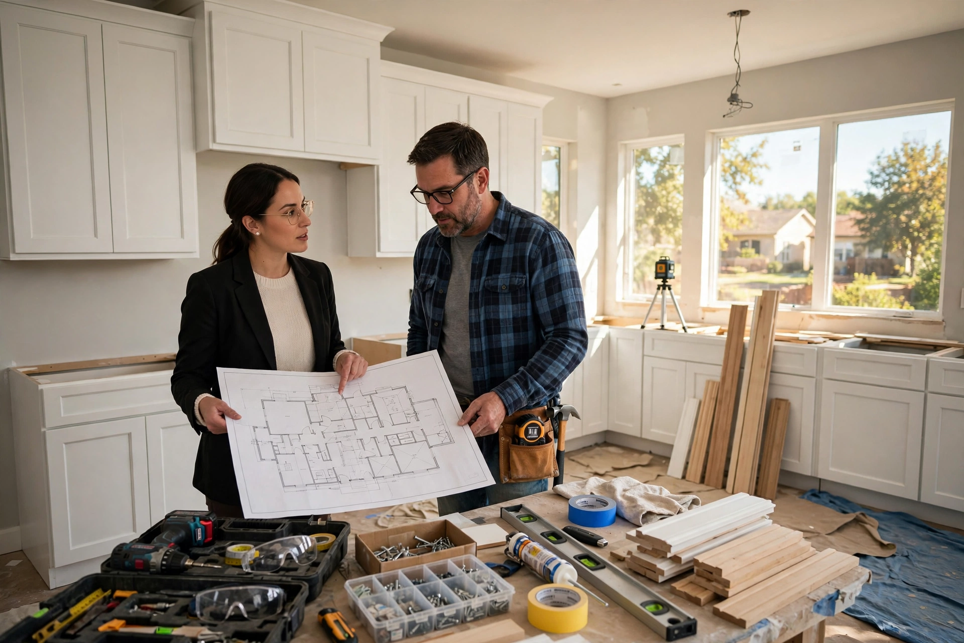 Designer and remodeler reviewing kitchen remodel plans during installation in Dallas