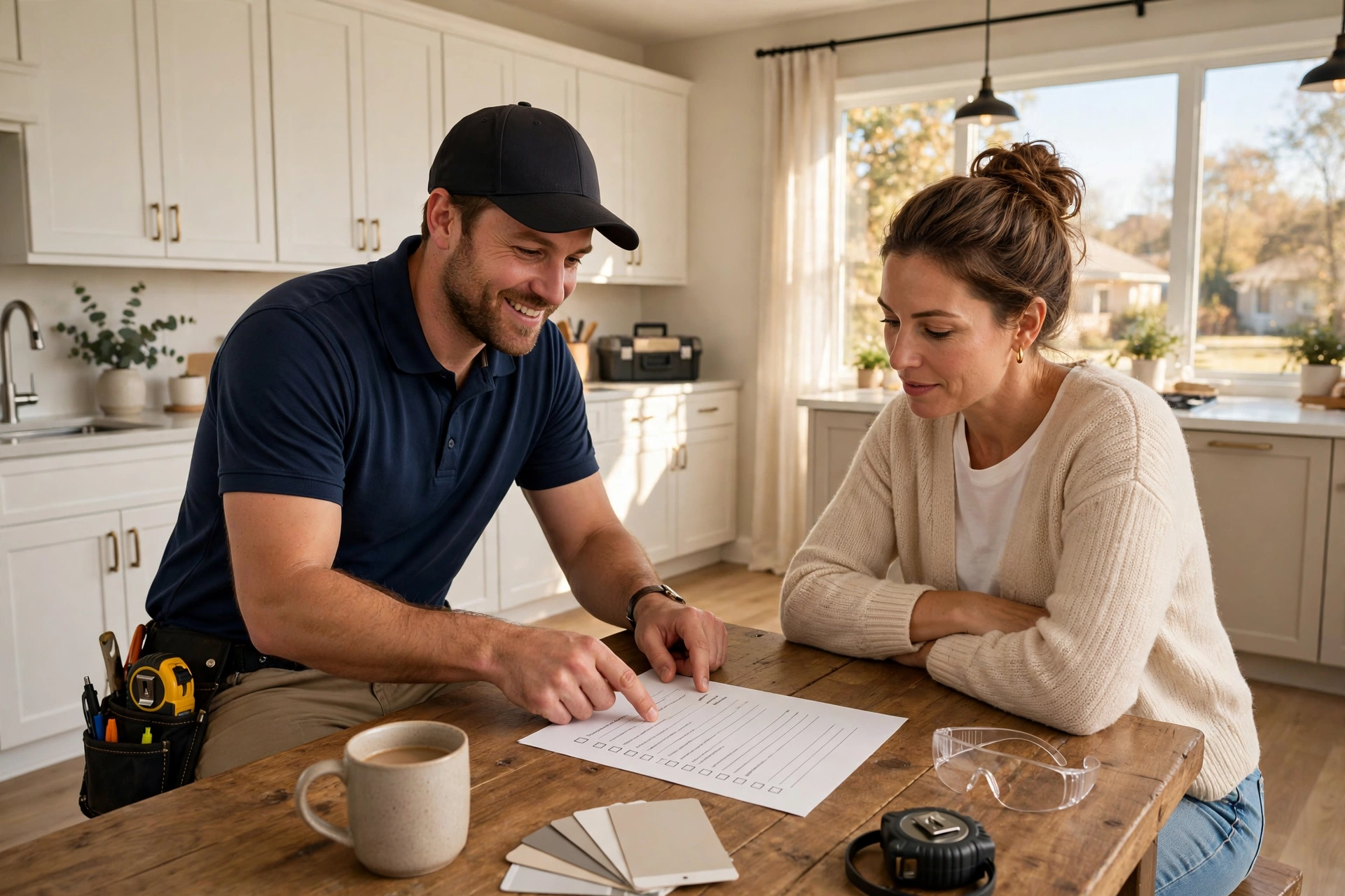 Contractor reviewing a vetting checklist with a homeowner in a Dallas kitchen