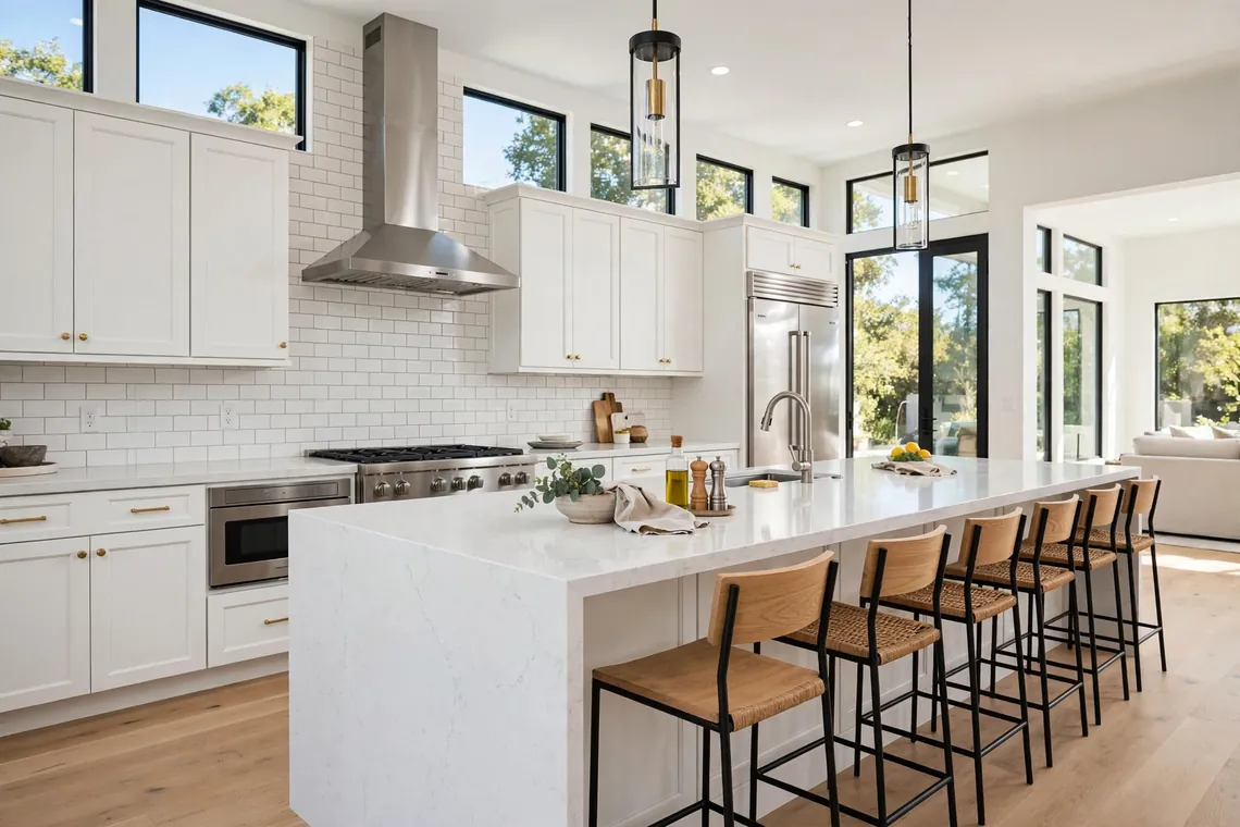 Kitchen remodel Dallas: remodeled kitchen with new cabinets, quartz countertops, and tile backsplash