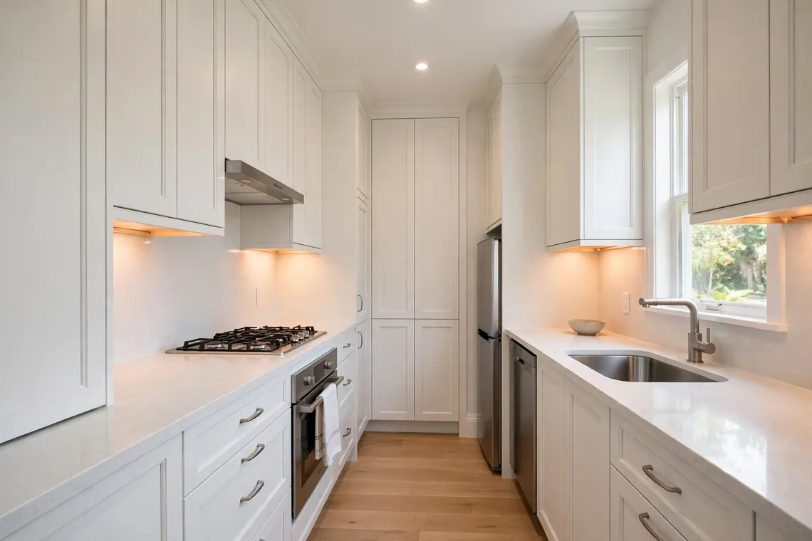 Small kitchen remodel Dallas: galley layout with ceiling-height storage